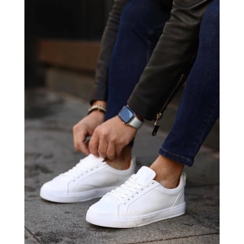 Erkek Sneakers Bağcıklı İnce Taban Spor Ayakkabı-Beyaz