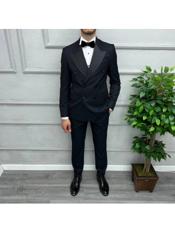 Erkek Dar Kesim Slimfit Saten Yaka Kruvaze Damatlık Takım Elbise-Lacivert