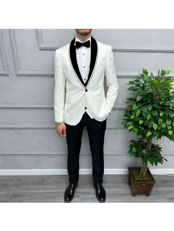 Erkek Dar Kesim Slimfit Yelekli Saten Kadife Detaylı Yakası Çıkabilen Damatlık Takım Elbise-Beyaz