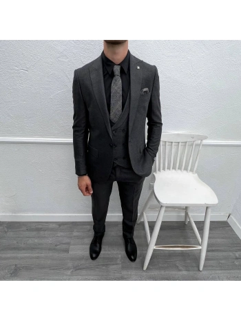 Erkek Dar Kesim Slimfit Yelekli Takımı Elbise-Füme