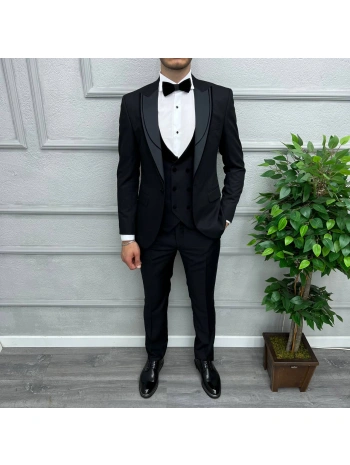 Erkek Dar Kesim Slimfit Yelekli Yakası Çıkabilen Damatlık Takım Elbise-Siyah