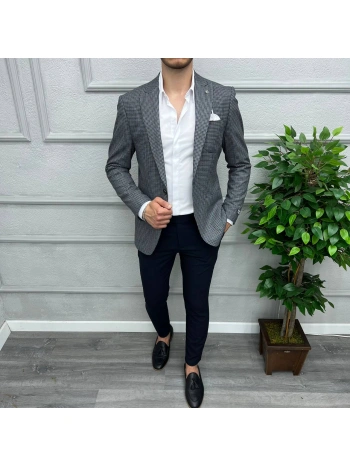 Erkek Dar Kesim Tek Düğme Piti Kare Spor Tek Ceket-Lacivert