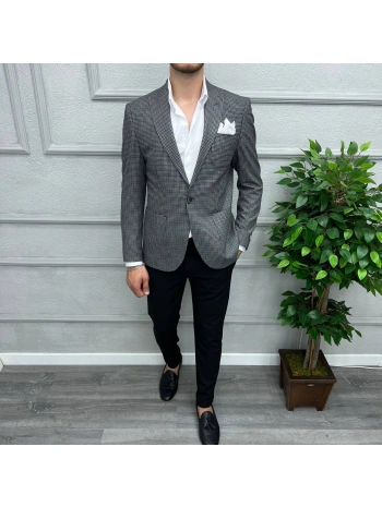 Erkek Dar Kesim Tek Düğme Piti Kare Spor Tek Ceket-Siyah