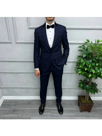 Erkek Dar Kesim Yakası Çıkabilen Damatlık Takım Elbise-Lacivert