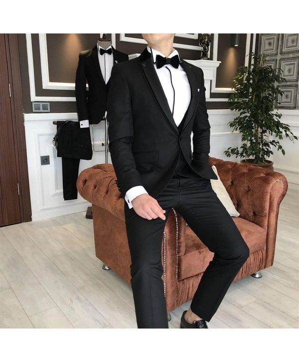 ERKEK DAR KESİM SLİMFİT YELEKLİ YAKASI ÇIKABİLEN DAMATLIK TAKIM ELBİSE SİYAH