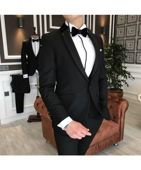 ERKEK DAR KESİM SLİMFİT YELEKLİ YAKASI ÇIKABİLEN DAMATLIK TAKIM ELBİSE SİYAH