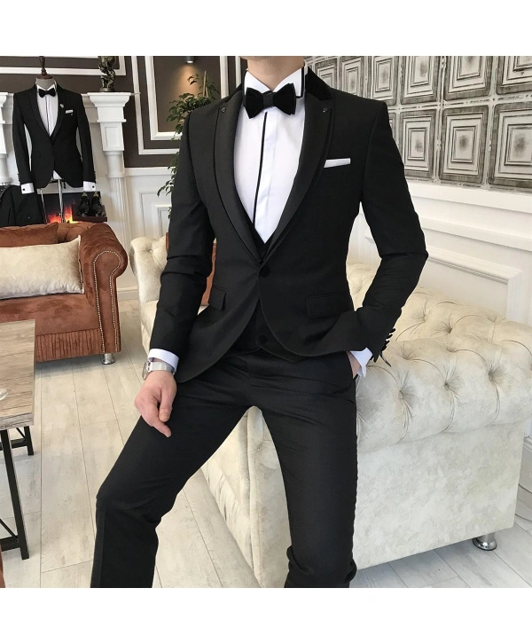 ERKEK DAR KESİM SLİMFİT YELEKLİ YAKASI ÇIKABİLEN DAMATLIK TAKIM ELBİSE SİYAH