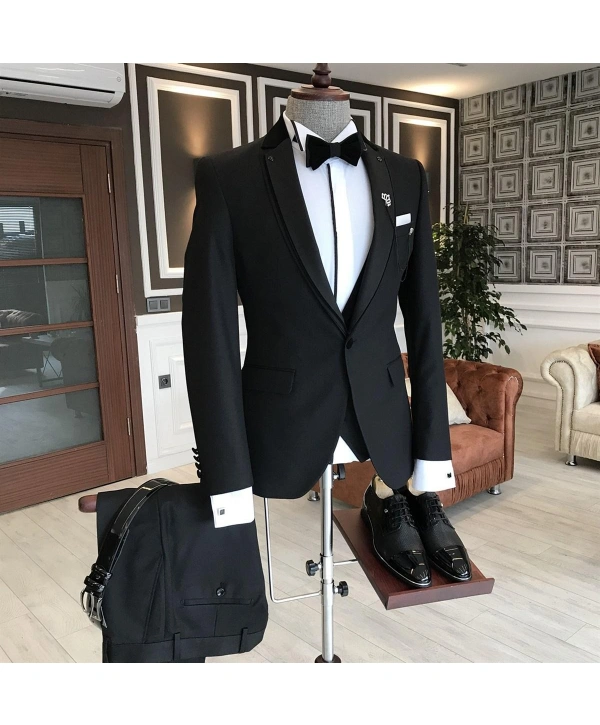 ERKEK DAR KESİM SLİMFİT YELEKLİ YAKASI ÇIKABİLEN DAMATLIK TAKIM ELBİSE SİYAH