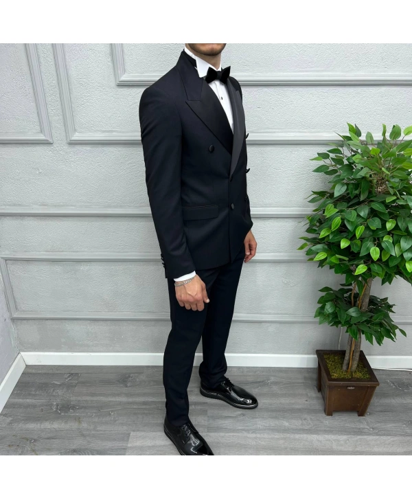 Erkek Dar Kesim Slimfit Saten Yaka Kruvaze Damatlık Takım Elbise-Lacivert