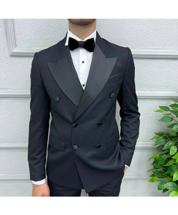 Erkek Dar Kesim Slimfit Saten Yaka Kruvaze Damatlık Takım Elbise-Lacivert