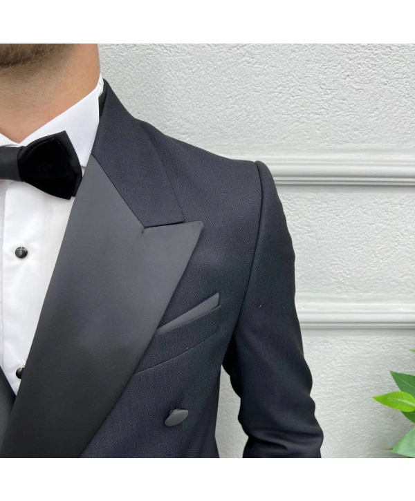 Erkek Dar Kesim Slimfit Saten Yaka Kruvaze Damatlık Takım Elbise-Lacivert