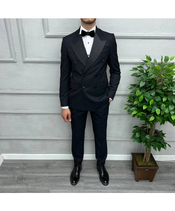 Erkek Dar Kesim Slimfit Saten Yaka Kruvaze Damatlık Takım Elbise-Lacivert