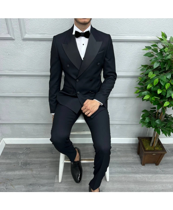 Erkek Dar Kesim Slimfit Saten Yaka Kruvaze Damatlık Takım Elbise-Lacivert