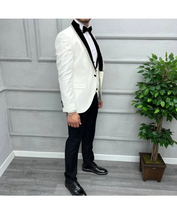 Erkek Dar Kesim Slimfit Yelekli Saten Kadife Detaylı Yakası Çıkabilen Damatlık Takım Elbise-Beyaz