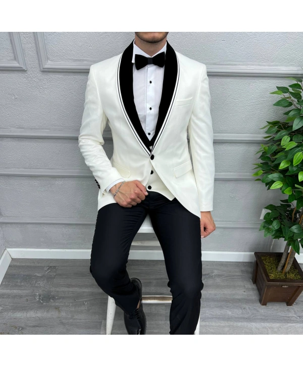 Erkek Dar Kesim Slimfit Yelekli Saten Kadife Detaylı Yakası Çıkabilen Damatlık Takım Elbise-Beyaz