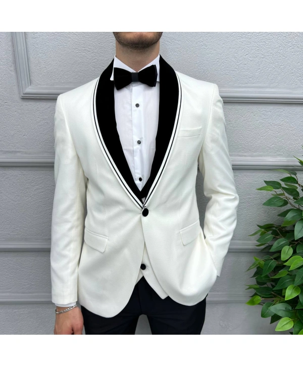 Erkek Dar Kesim Slimfit Yelekli Saten Kadife Detaylı Yakası Çıkabilen Damatlık Takım Elbise-Beyaz