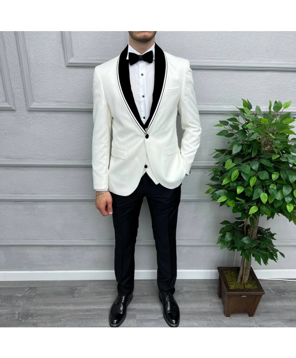 Erkek Dar Kesim Slimfit Yelekli Saten Kadife Detaylı Yakası Çıkabilen Damatlık Takım Elbise-Beyaz