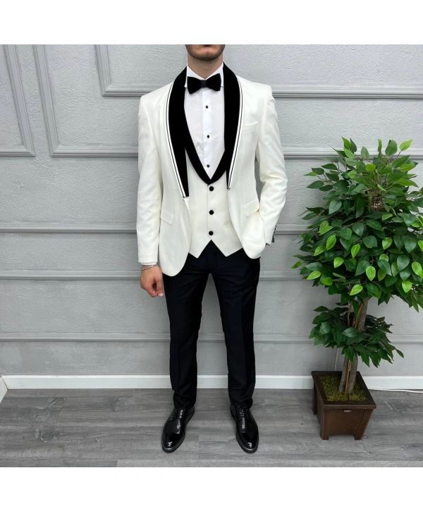 Erkek Dar Kesim Slimfit Yelekli Saten Kadife Detaylı Yakası Çıkabilen Damatlık Takım Elbise-Beyaz