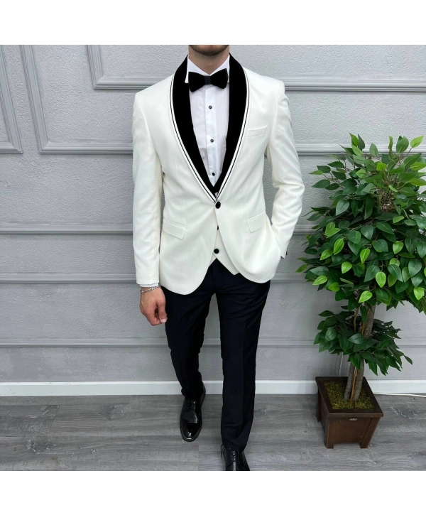 Erkek Dar Kesim Slimfit Yelekli Saten Kadife Detaylı Yakası Çıkabilen Damatlık Takım Elbise-Beyaz