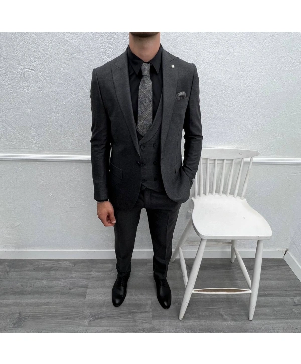 Erkek Dar Kesim Slimfit Yelekli Takımı Elbise-Füme