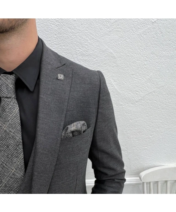 Erkek Dar Kesim Slimfit Yelekli Takımı Elbise-Füme