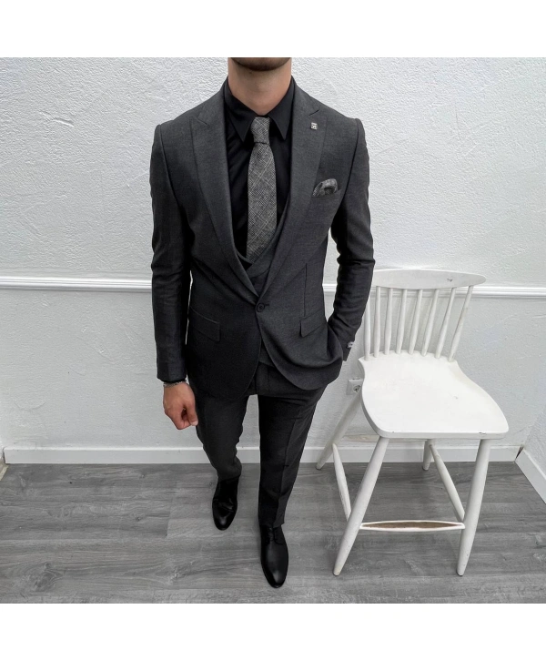 Erkek Dar Kesim Slimfit Yelekli Takımı Elbise-Füme