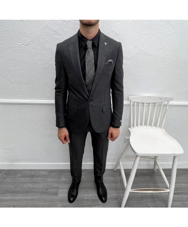 Erkek Dar Kesim Slimfit Yelekli Takımı Elbise-Füme