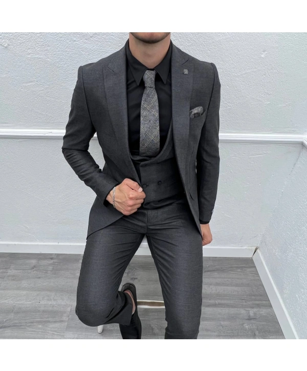 Erkek Dar Kesim Slimfit Yelekli Takımı Elbise-Füme