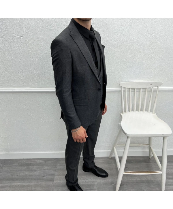 Erkek Dar Kesim Slimfit Yelekli Takımı Elbise-Füme