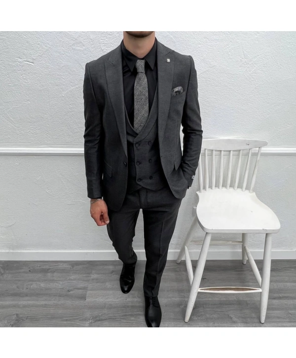 Erkek Dar Kesim Slimfit Yelekli Takımı Elbise-Füme