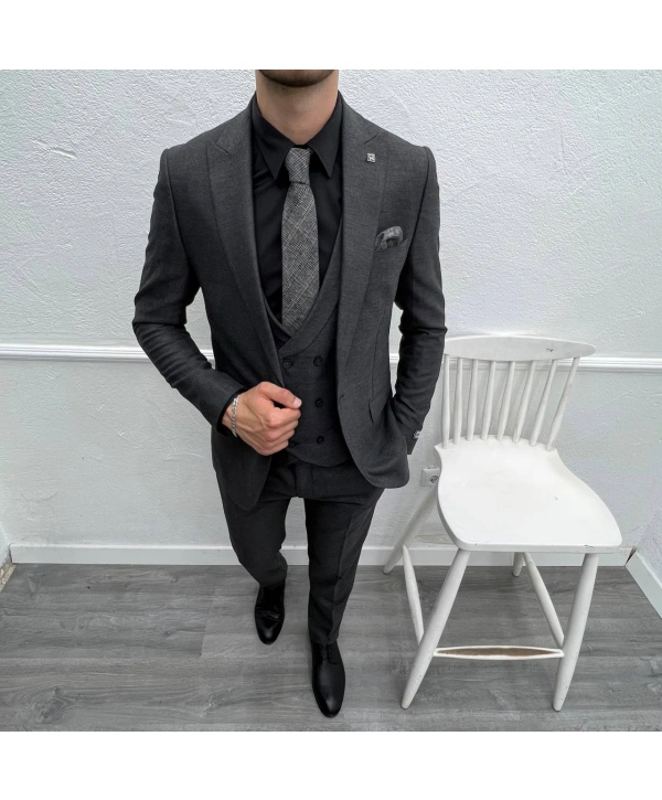 Erkek Dar Kesim Slimfit Yelekli Takımı Elbise-Füme