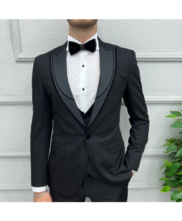 Erkek Dar Kesim Slimfit Yelekli Yakası Çıkabilen Damatlık Takım Elbise-Siyah