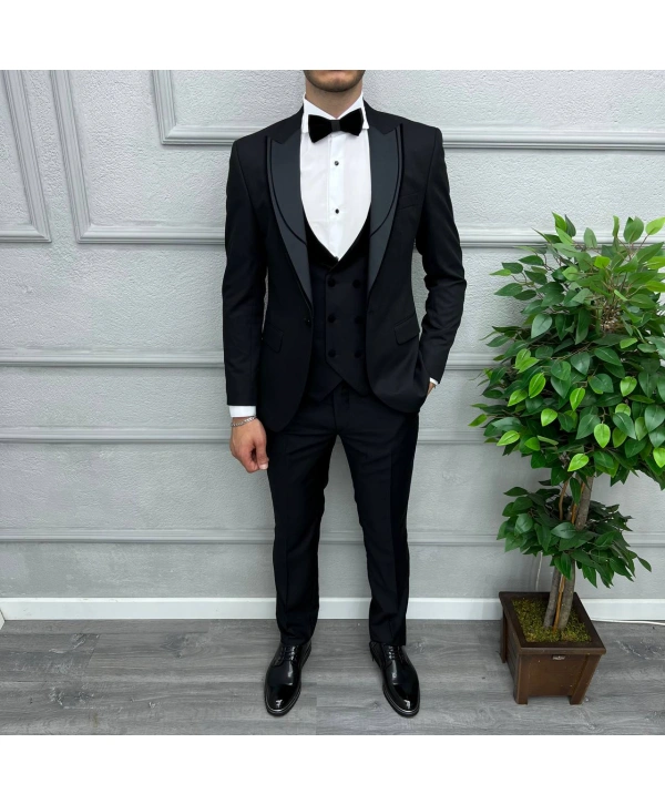 Erkek Dar Kesim Slimfit Yelekli Yakası Çıkabilen Damatlık Takım Elbise-Siyah