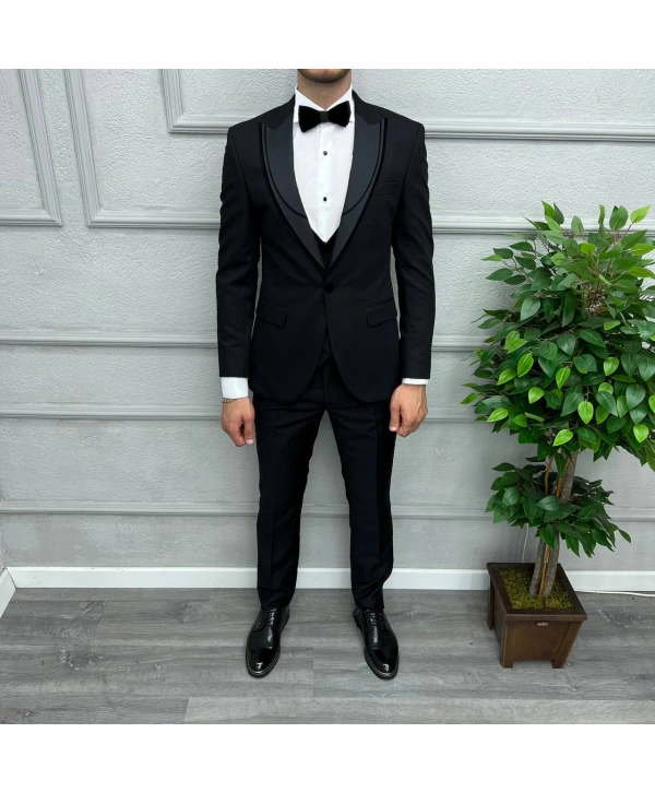 Erkek Dar Kesim Slimfit Yelekli Yakası Çıkabilen Damatlık Takım Elbise-Siyah