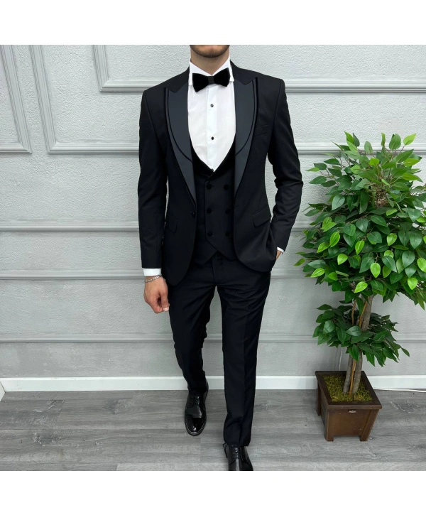 Erkek Dar Kesim Slimfit Yelekli Yakası Çıkabilen Damatlık Takım Elbise-Siyah