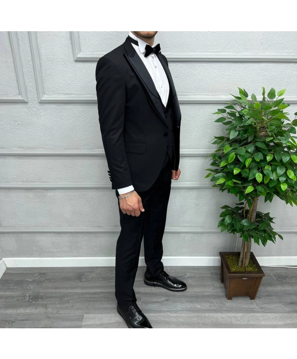 Erkek Dar Kesim Slimfit Yelekli Yakası Çıkabilen Damatlık Takım Elbise-Siyah