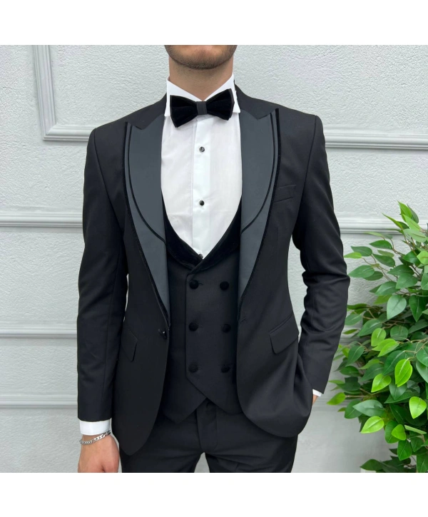 Erkek Dar Kesim Slimfit Yelekli Yakası Çıkabilen Damatlık Takım Elbise-Siyah