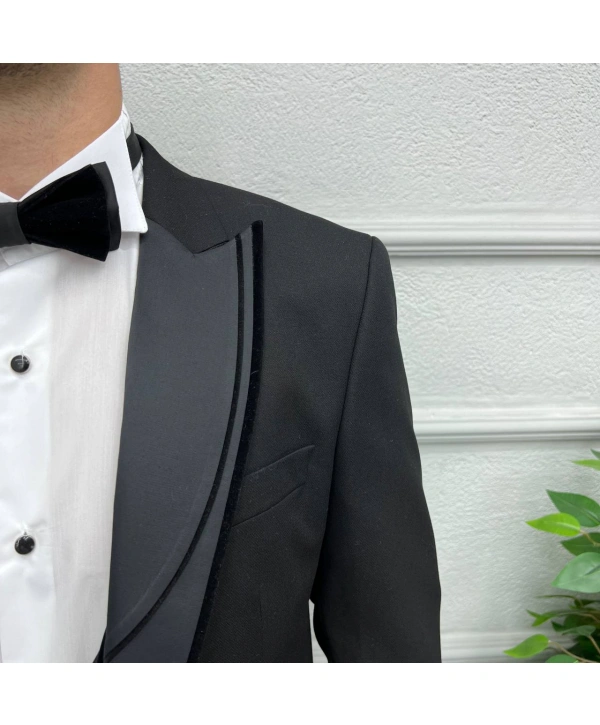 Erkek Dar Kesim Slimfit Yelekli Yakası Çıkabilen Damatlık Takım Elbise-Siyah