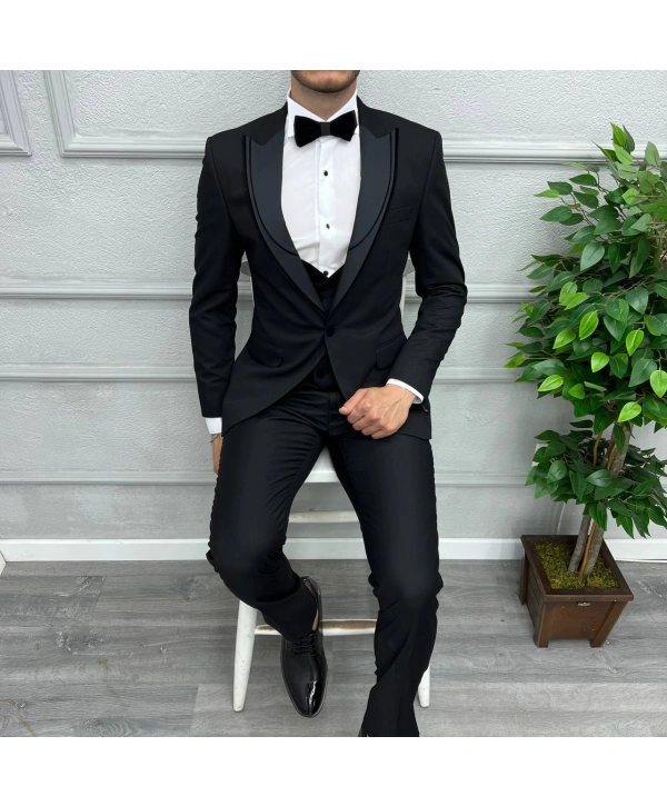 Erkek Dar Kesim Slimfit Yelekli Yakası Çıkabilen Damatlık Takım Elbise-Siyah