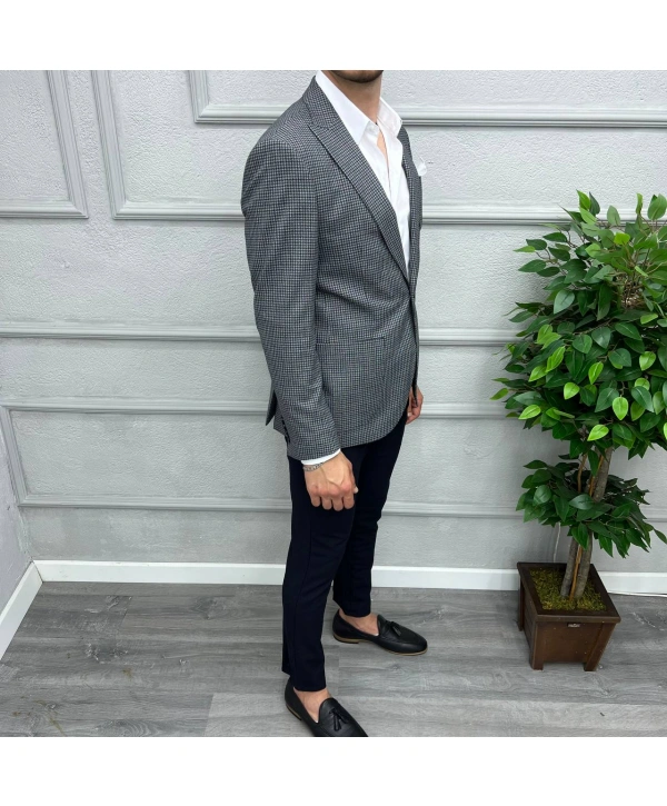 Erkek Dar Kesim Tek Düğme Piti Kare Spor Tek Ceket-Lacivert