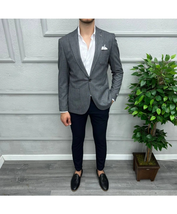 Erkek Dar Kesim Tek Düğme Piti Kare Spor Tek Ceket-Lacivert