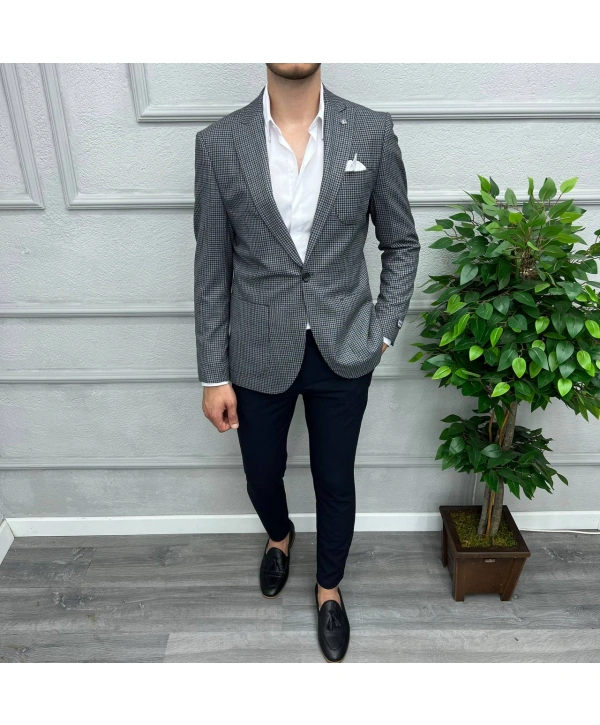Erkek Dar Kesim Tek Düğme Piti Kare Spor Tek Ceket-Lacivert