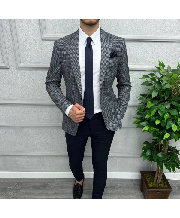 Erkek Dar Kesim Tek Düğme Piti Kare Spor Tek Ceket-Lacivert