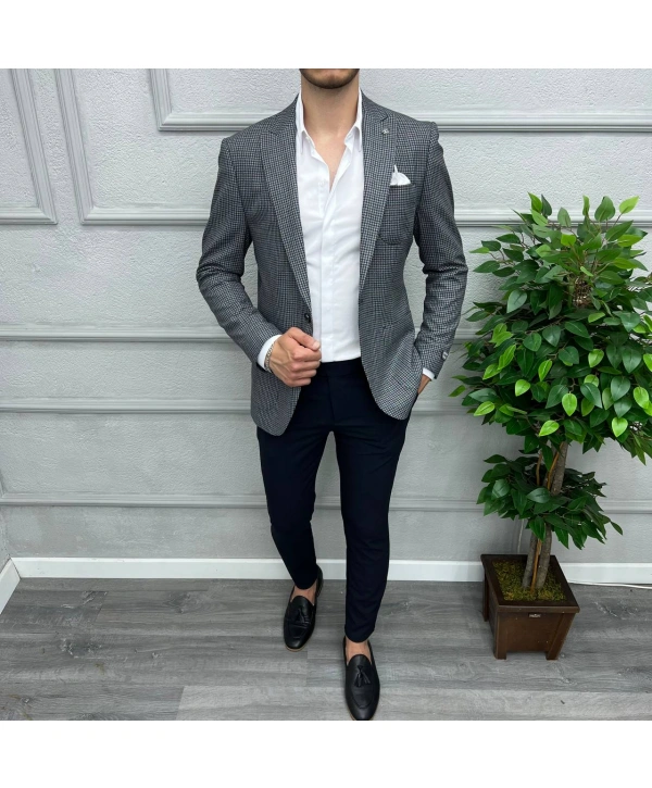 Erkek Dar Kesim Tek Düğme Piti Kare Spor Tek Ceket-Lacivert
