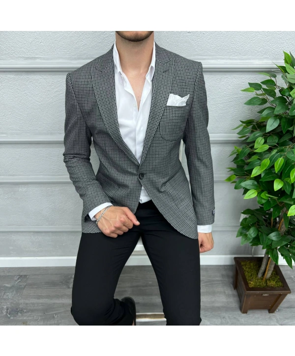 Erkek Dar Kesim Tek Düğme Piti Kare Spor Tek Ceket-Siyah