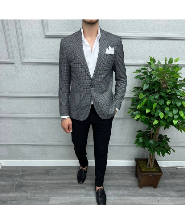 Erkek Dar Kesim Tek Düğme Piti Kare Spor Tek Ceket-Siyah