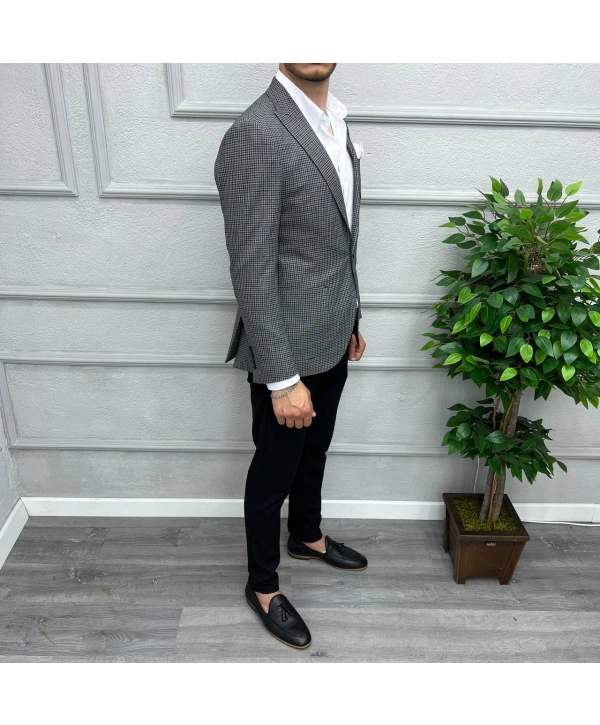 Erkek Dar Kesim Tek Düğme Piti Kare Spor Tek Ceket-Siyah