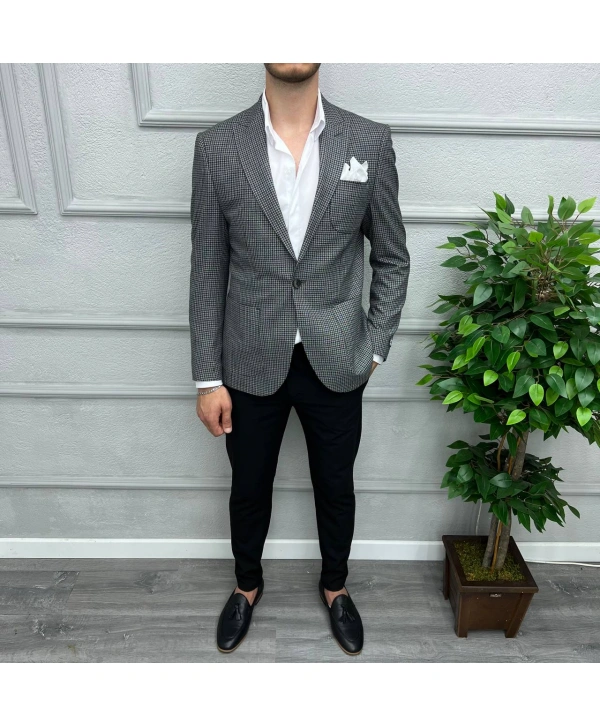 Erkek Dar Kesim Tek Düğme Piti Kare Spor Tek Ceket-Siyah