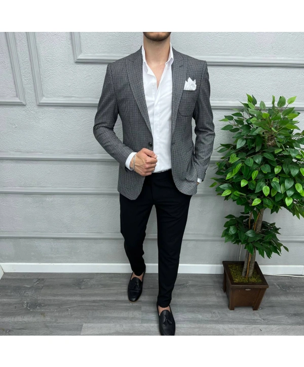 Erkek Dar Kesim Tek Düğme Piti Kare Spor Tek Ceket-Siyah