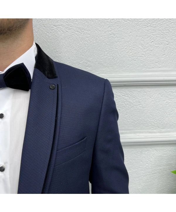 Erkek Dar Kesim Yakası Çıkabilen Damatlık Takım Elbise-Lacivert